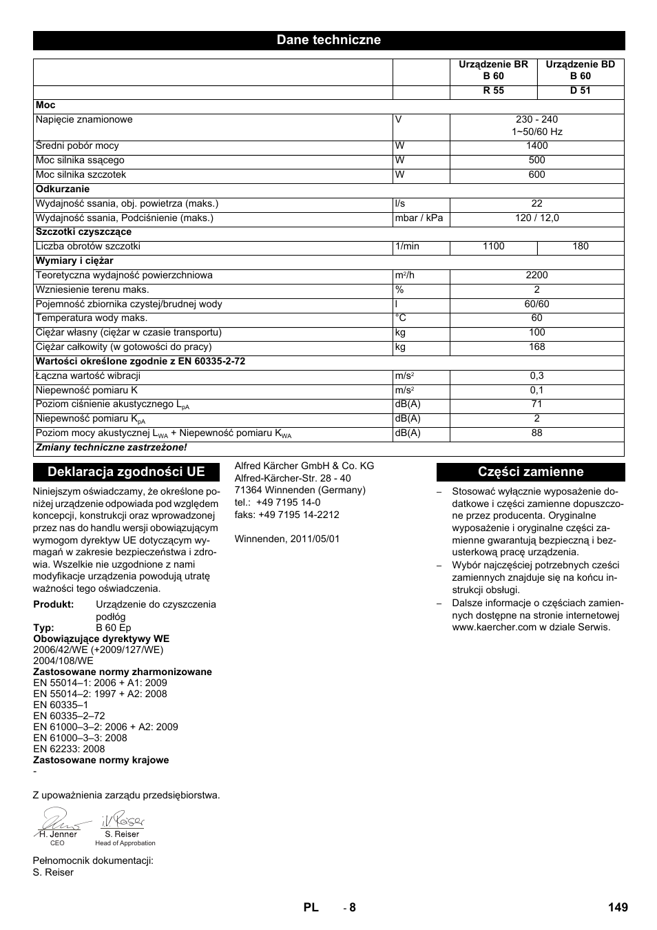 Dane techniczne, Deklaracja zgodności ue, Części zamienne | Karcher B 60 W User Manual | Page 149 / 228