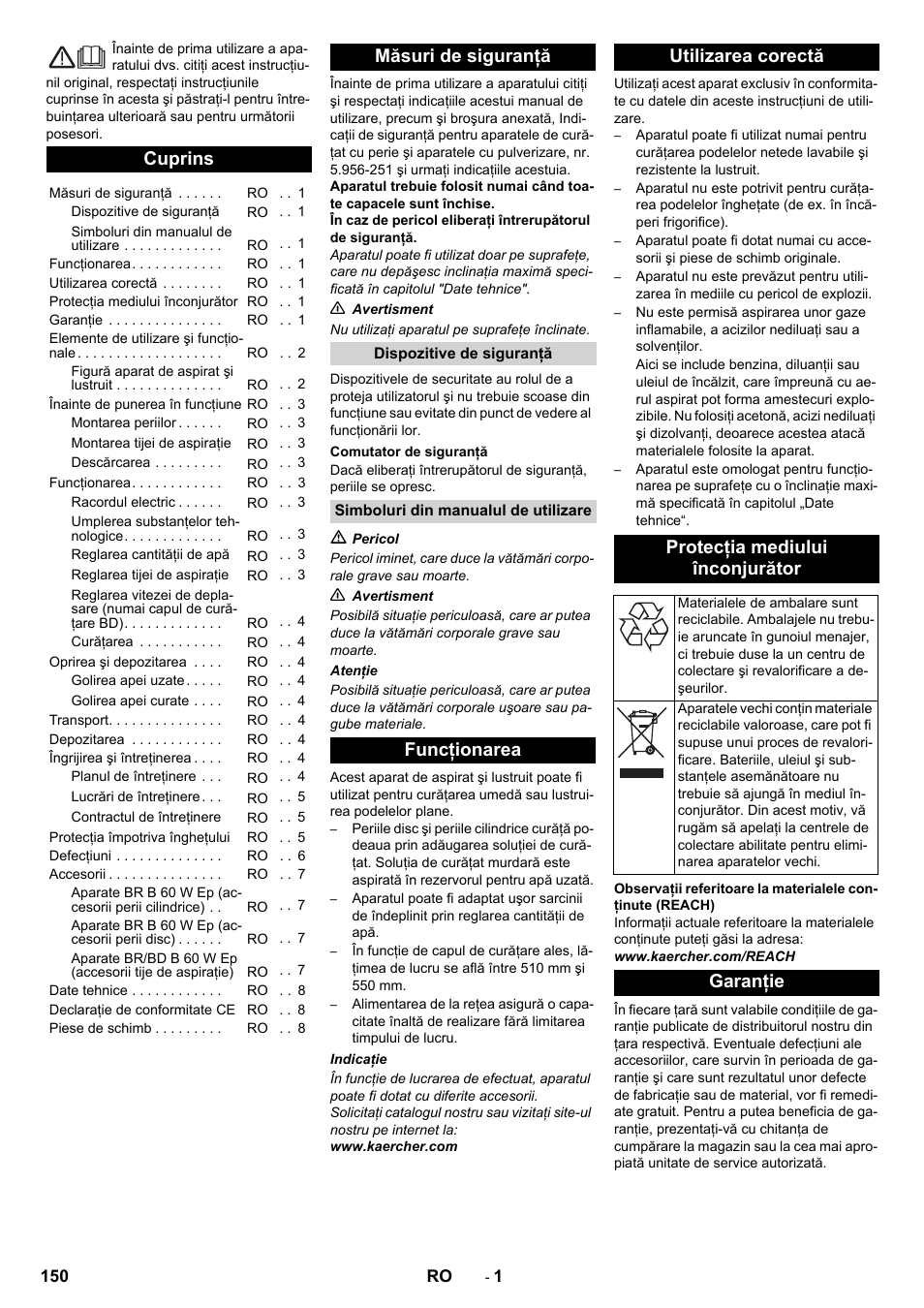 Româneşte, Cuprins, Măsuri de siguranţă | Garanţie | Karcher B 60 W User Manual | Page 150 / 228