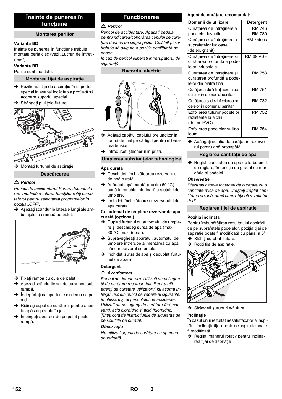 Înainte de punerea în funcţiune, Funcţionarea | Karcher B 60 W User Manual | Page 152 / 228