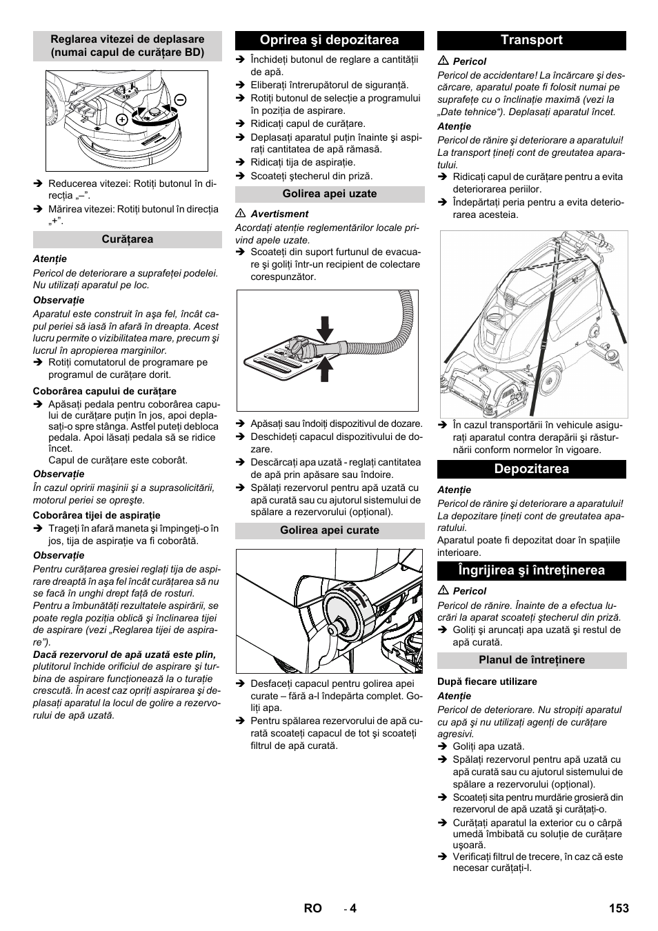 Oprirea şi depozitarea, Transport depozitarea îngrijirea şi întreţinerea | Karcher B 60 W User Manual | Page 153 / 228