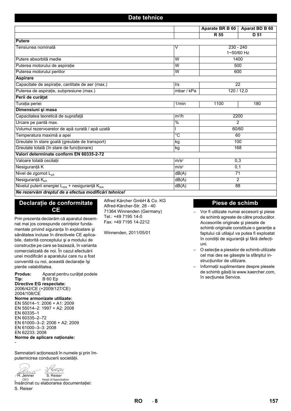 Date tehnice, Declaraţie de conformitate ce, Piese de schimb | Karcher B 60 W User Manual | Page 157 / 228