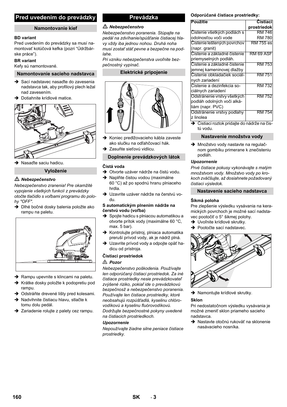 Pred uvedením do prevádzky, Prevádzka | Karcher B 60 W User Manual | Page 160 / 228