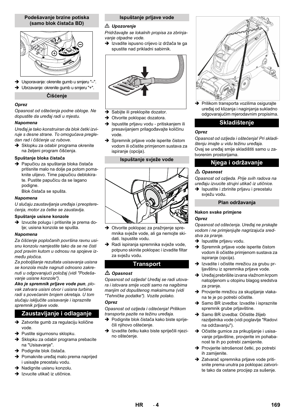 Zaustavljanje i odlaganje, Transport skladištenje njega i održavanje | Karcher B 60 W User Manual | Page 169 / 228