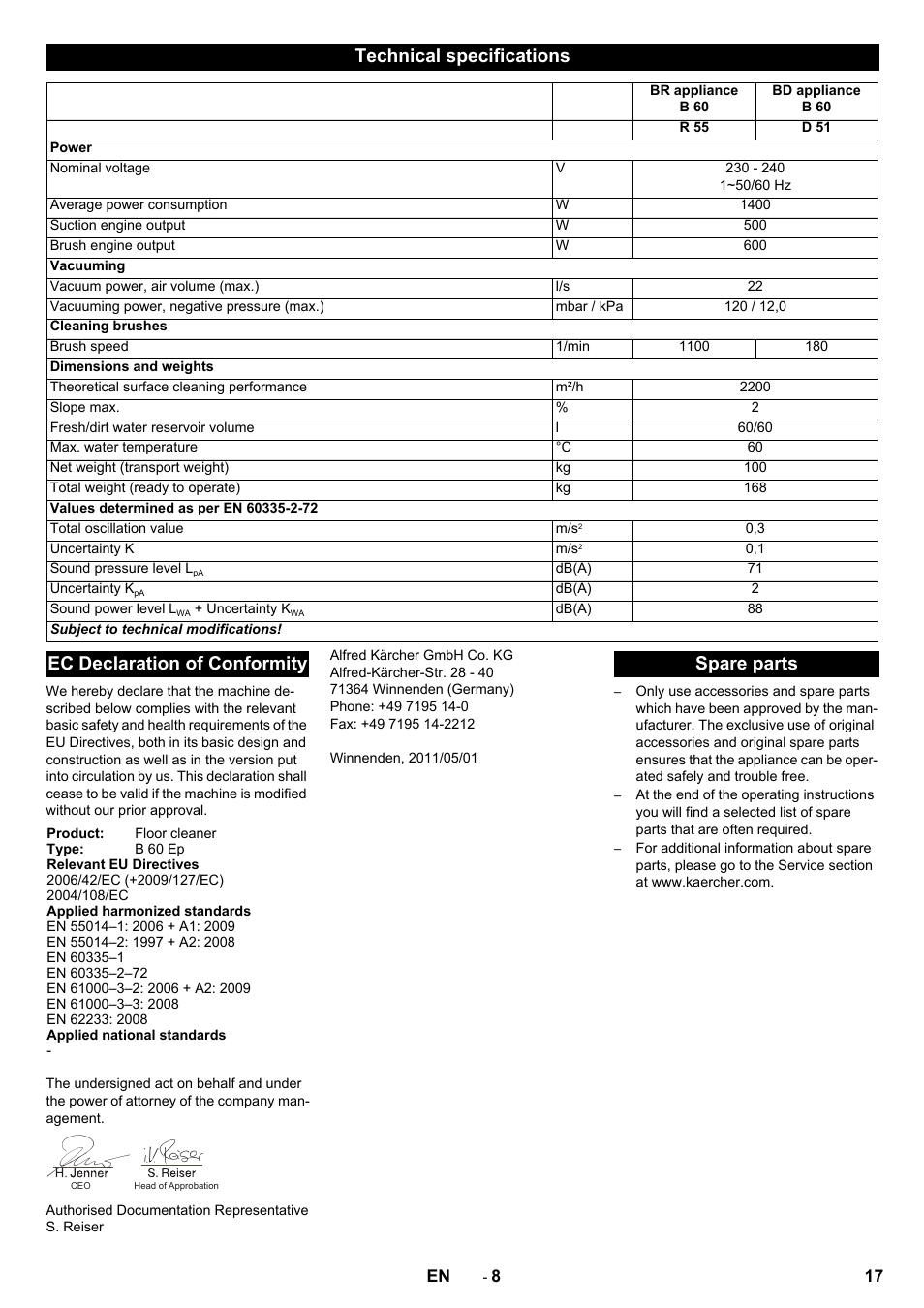 Technical specifications, Ec declaration of conformity, Spare parts | Karcher B 60 W User Manual | Page 17 / 228