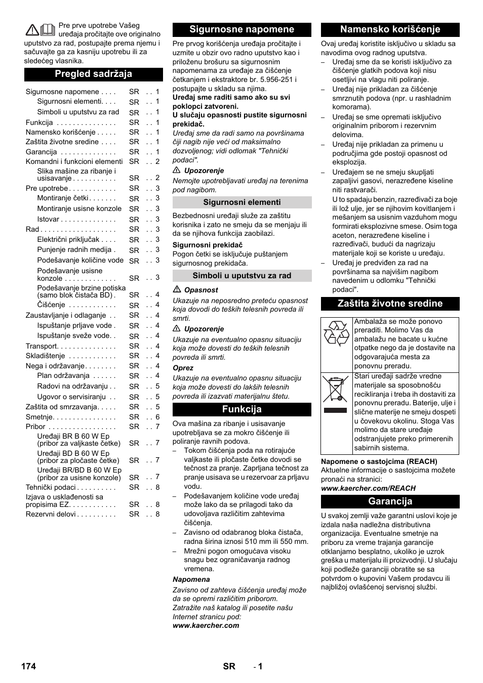 Srpski, Pregled sadržaja, Sigurnosne napomene | Garancija | Karcher B 60 W User Manual | Page 174 / 228