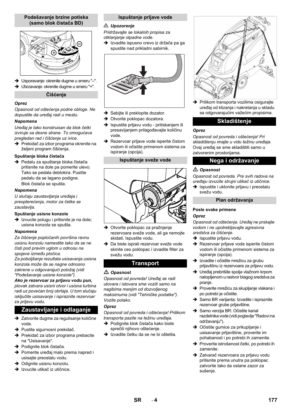 Zaustavljanje i odlaganje, Transport skladištenje nega i održavanje | Karcher B 60 W User Manual | Page 177 / 228