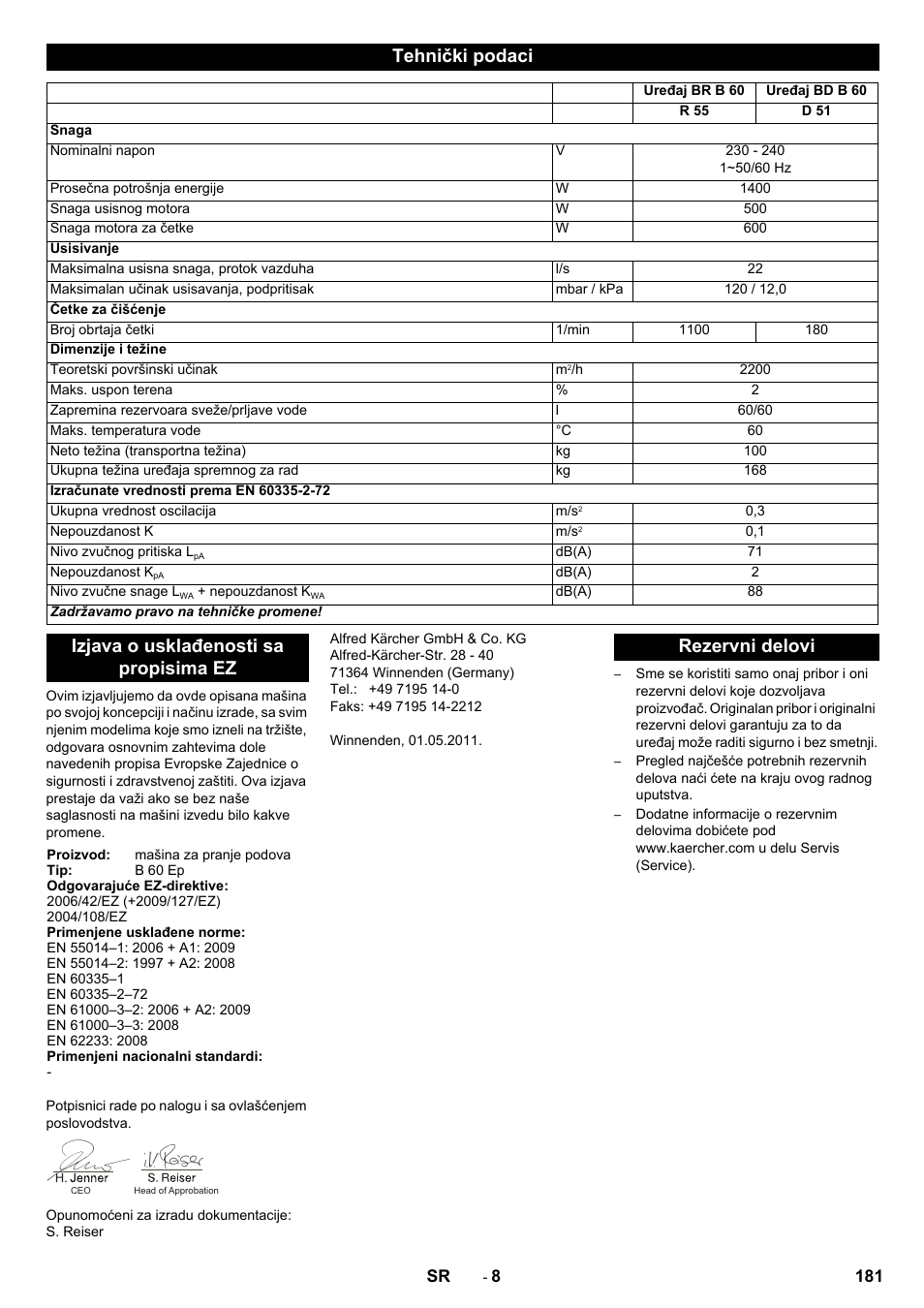 Tehnički podaci, Izjava o usklađenosti sa propisima ez, Rezervni delovi | Karcher B 60 W User Manual | Page 181 / 228