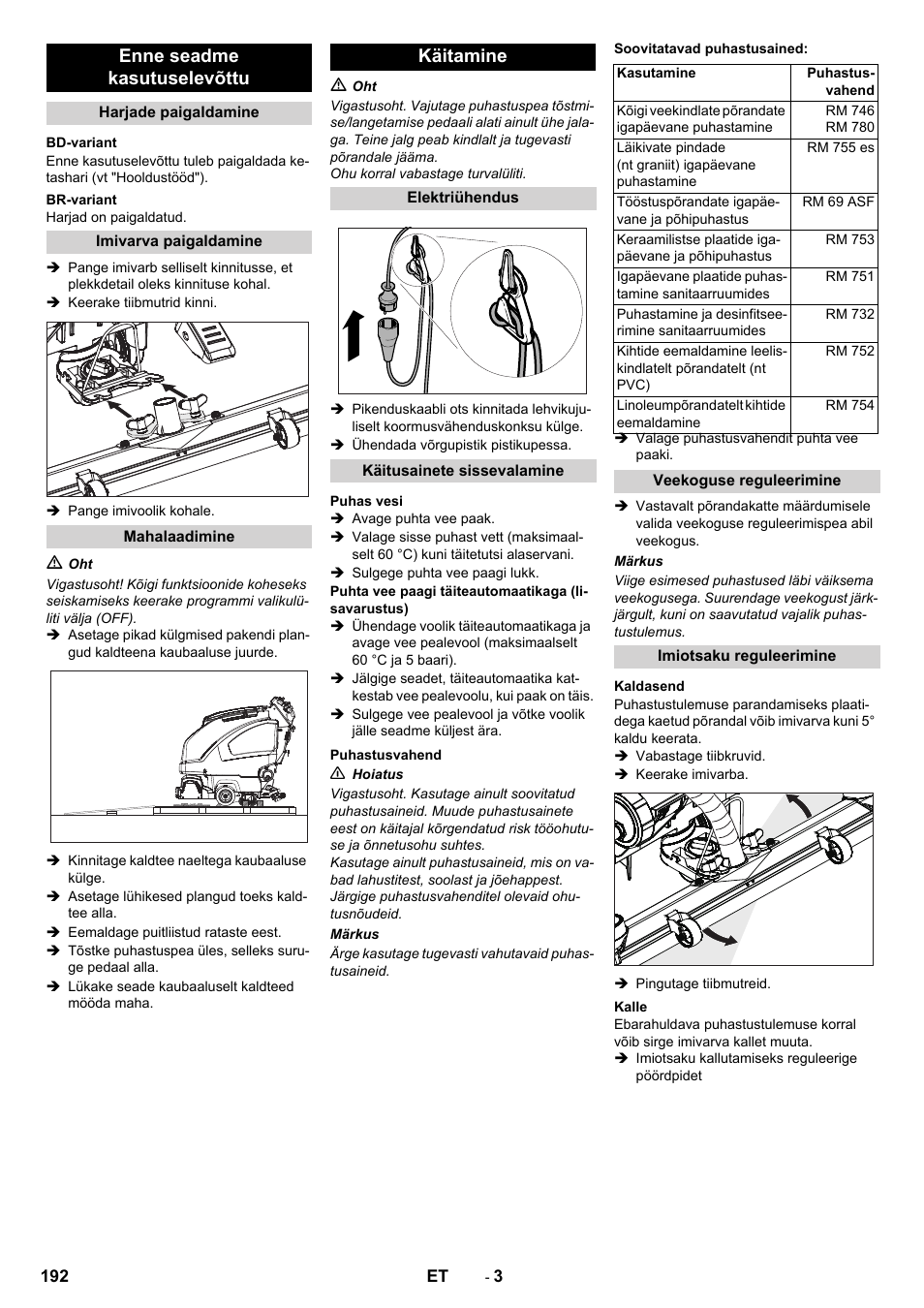 Enne seadme kasutuselevõttu, Käitamine | Karcher B 60 W User Manual | Page 192 / 228