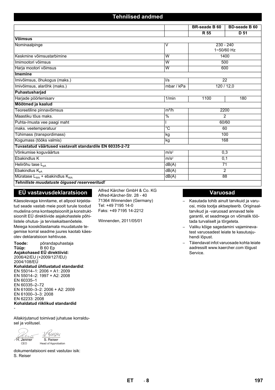 Tehnilised andmed, Eü vastavusdeklaratsioon, Varuosad | Karcher B 60 W User Manual | Page 197 / 228