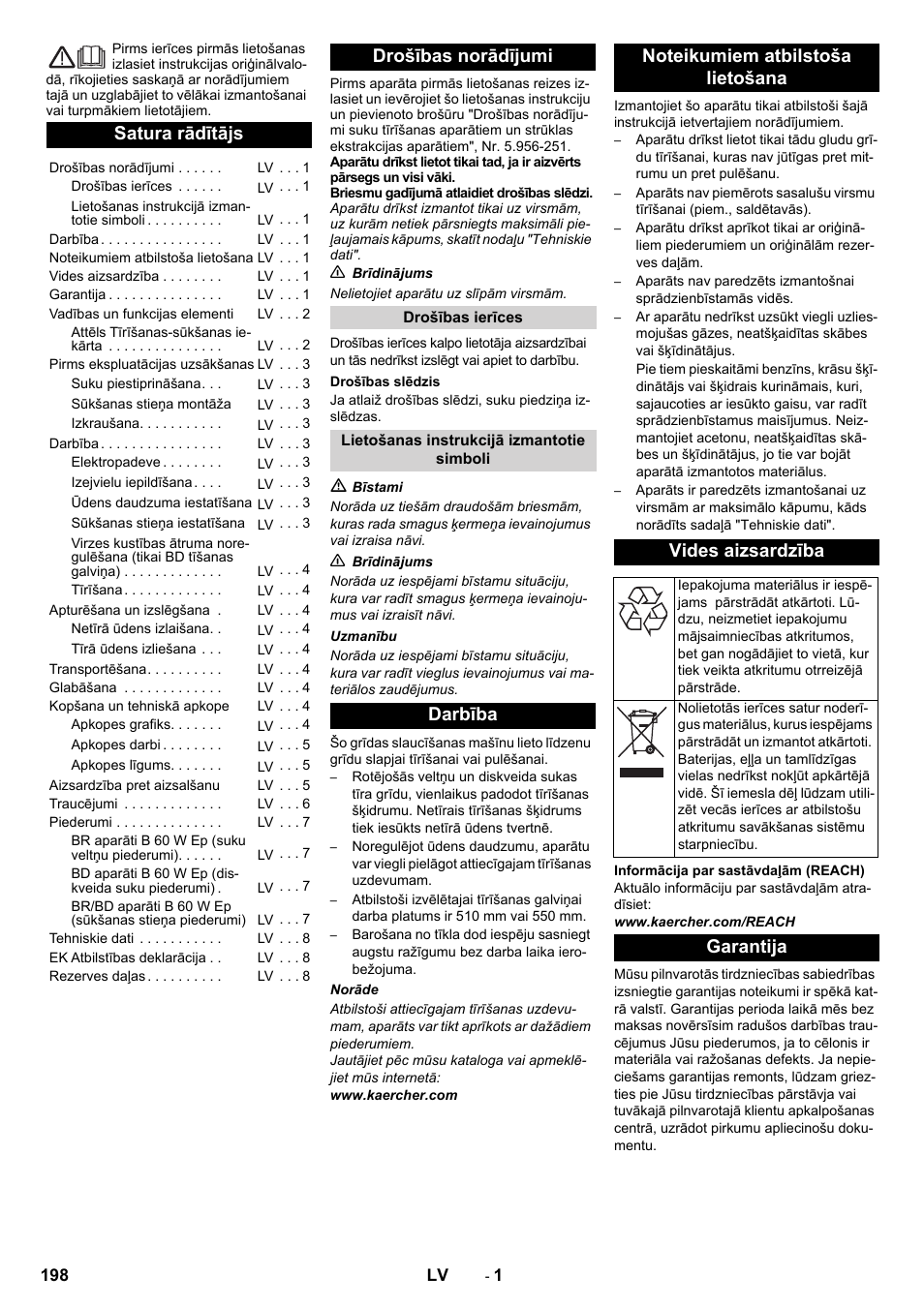 Latviešu, Satura rādītājs, Drošības norādījumi | Garantija | Karcher B 60 W User Manual | Page 198 / 228