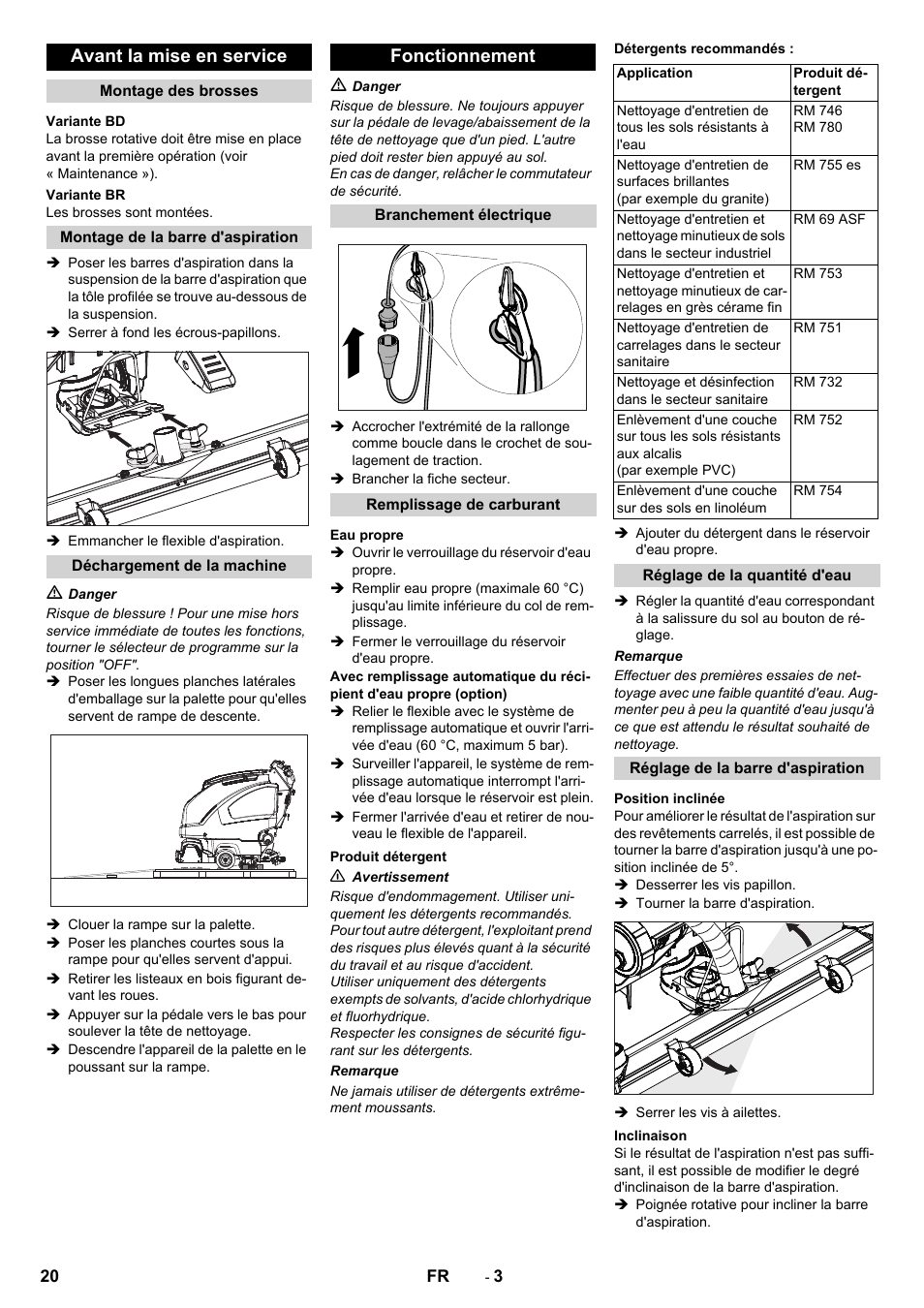 Avant la mise en service, Fonctionnement | Karcher B 60 W User Manual | Page 20 / 228