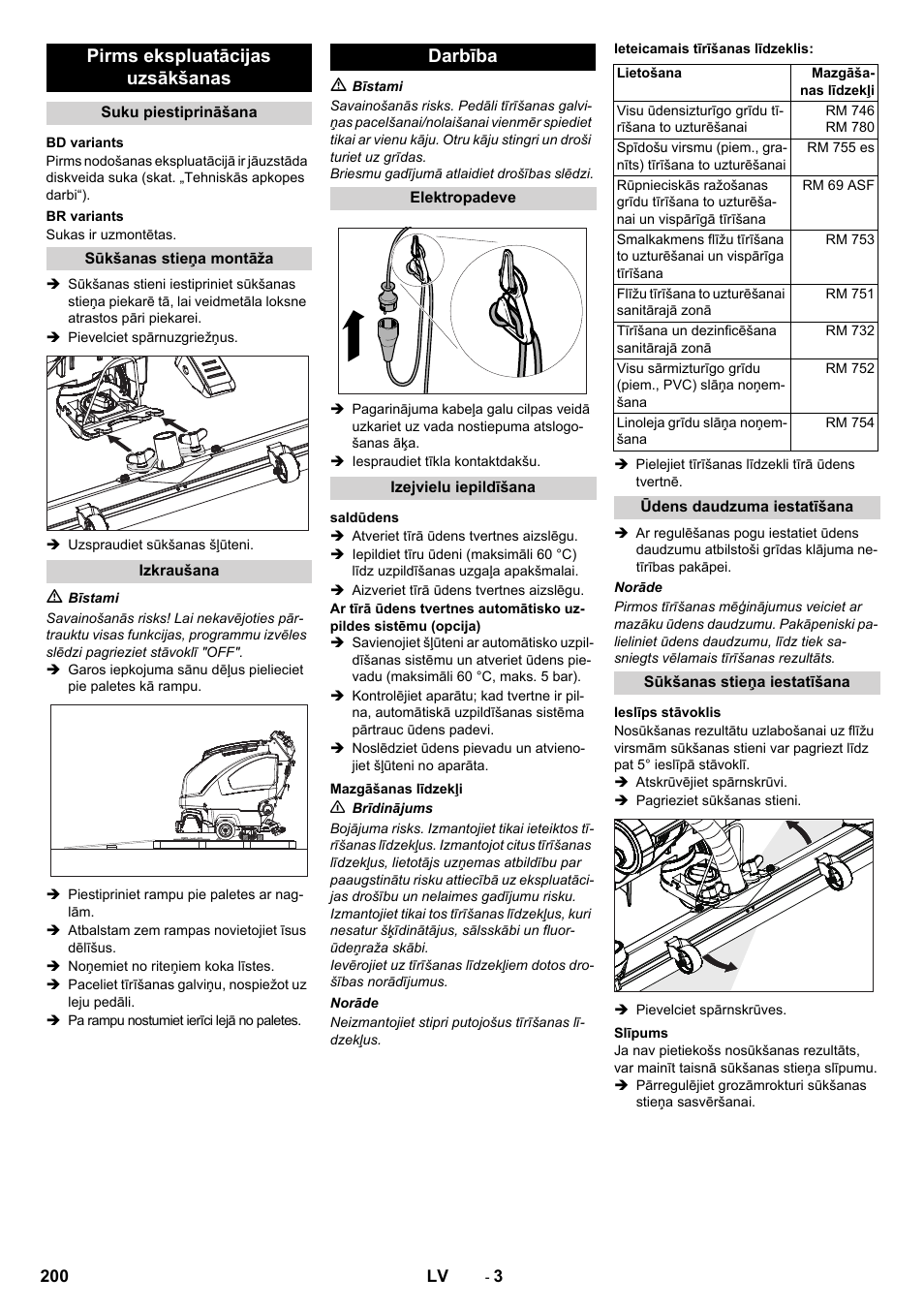 Pirms ekspluatācijas uzsākšanas, Darbība | Karcher B 60 W User Manual | Page 200 / 228