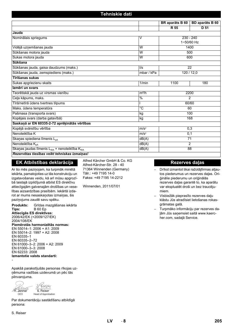 Tehniskie dati, Ek atbilstības deklarācija, Rezerves daļas | Karcher B 60 W User Manual | Page 205 / 228