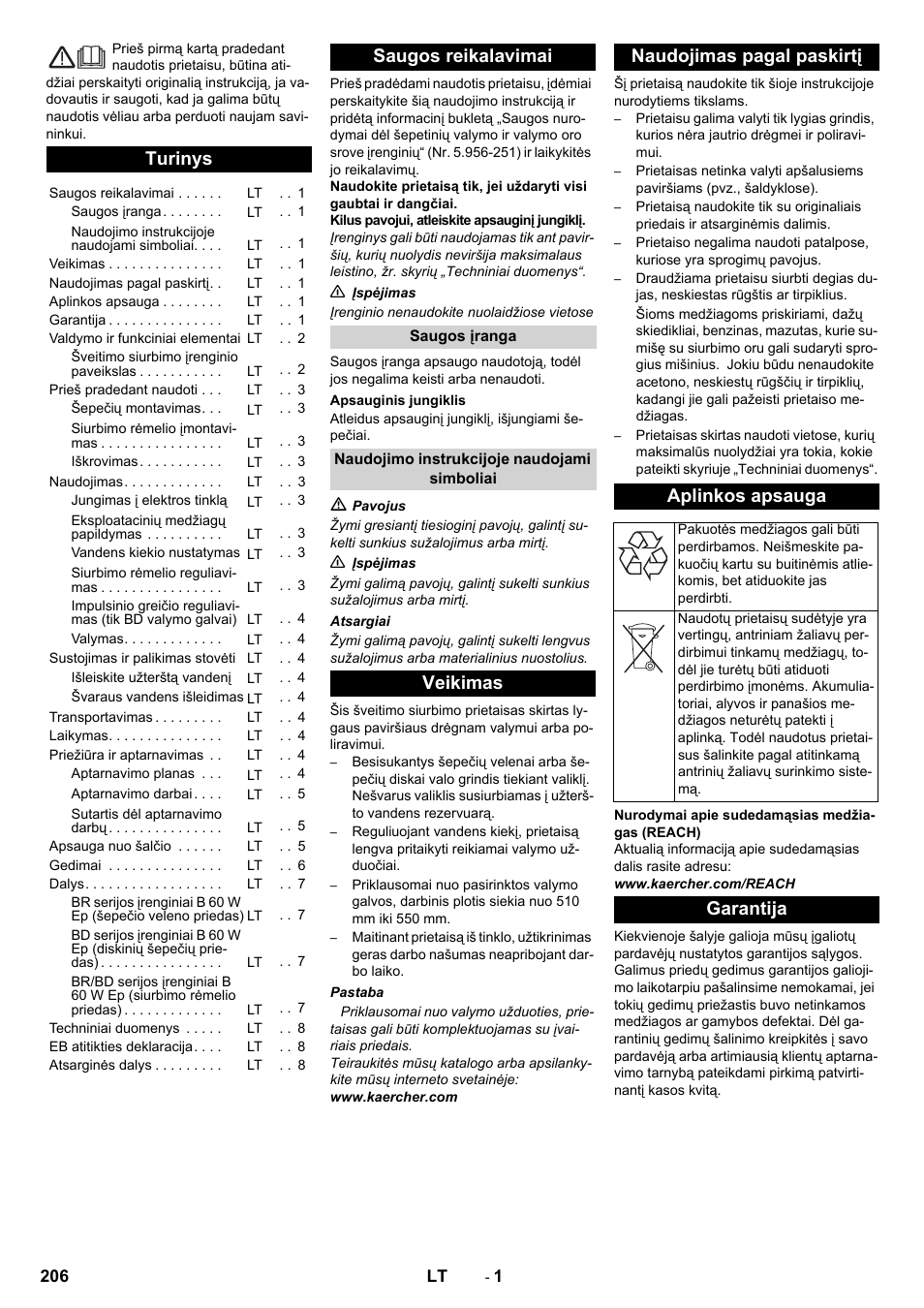 Lietuviškai, Turinys, Saugos reikalavimai | Garantija | Karcher B 60 W User Manual | Page 206 / 228