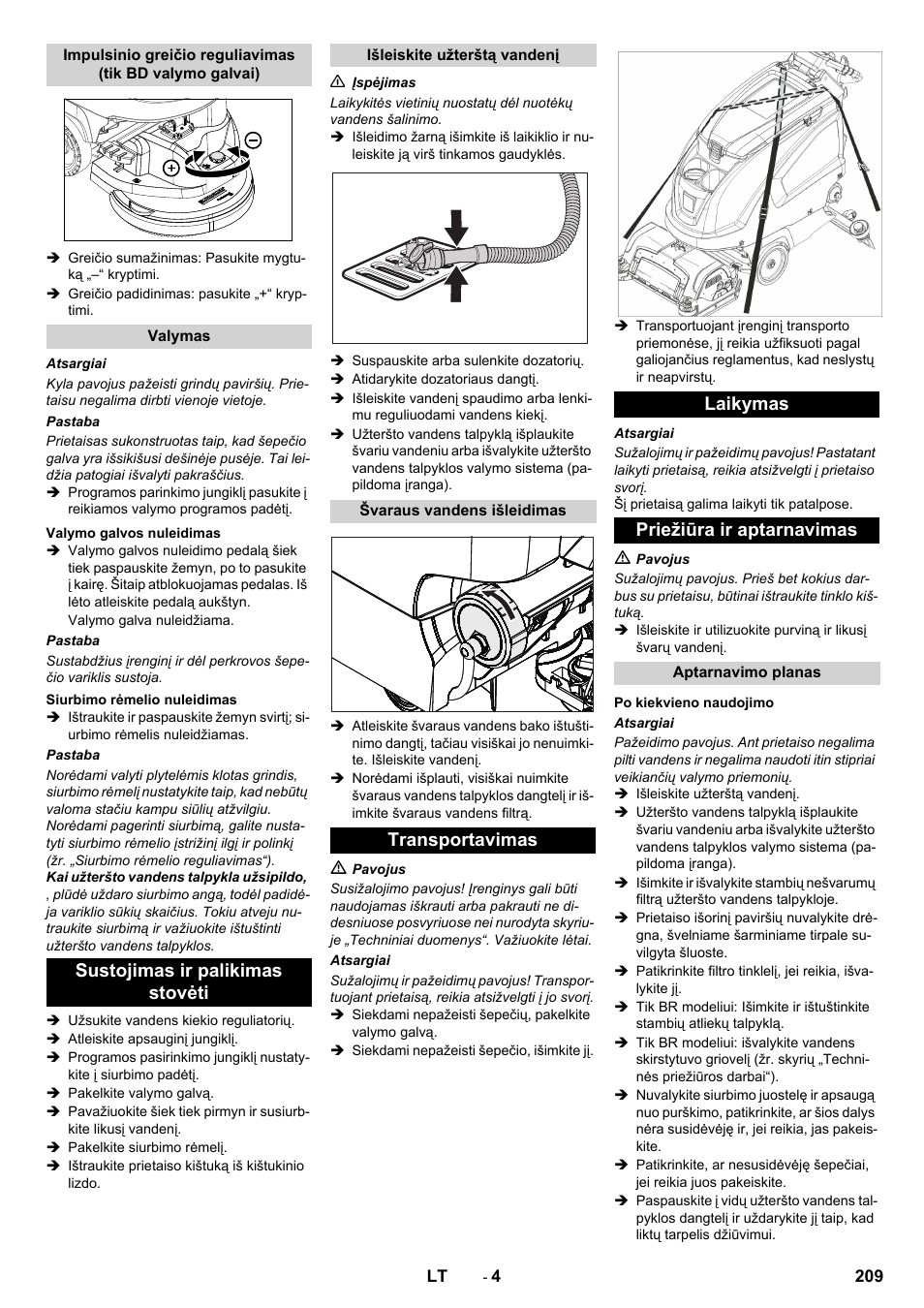 Sustojimas ir palikimas stovėti, Transportavimas laikymas priežiūra ir aptarnavimas | Karcher B 60 W User Manual | Page 209 / 228