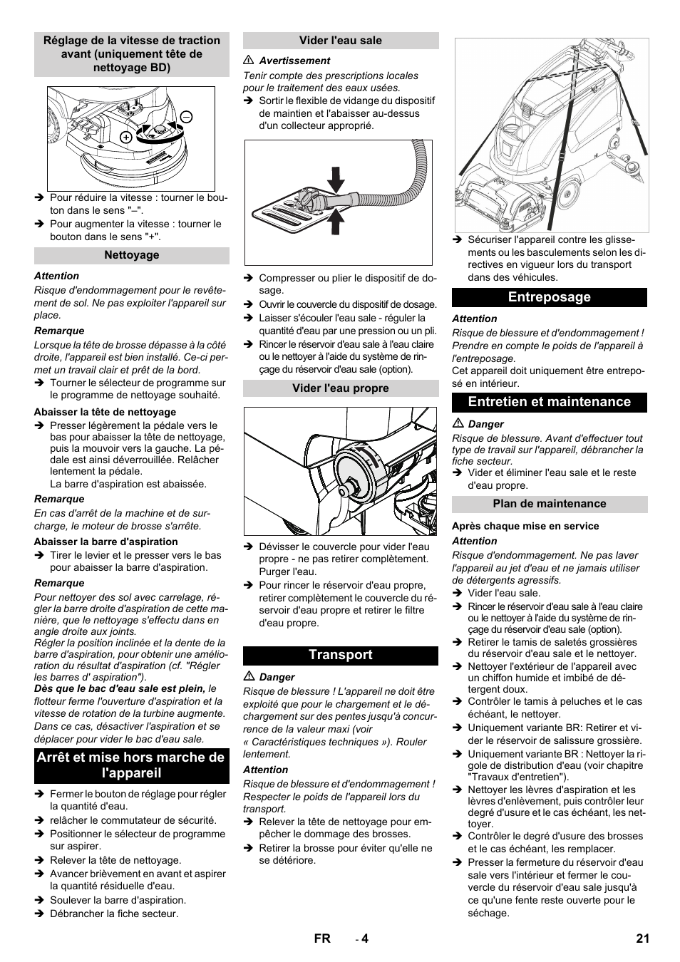Arrêt et mise hors marche de l'appareil, Transport entreposage entretien et maintenance | Karcher B 60 W User Manual | Page 21 / 228