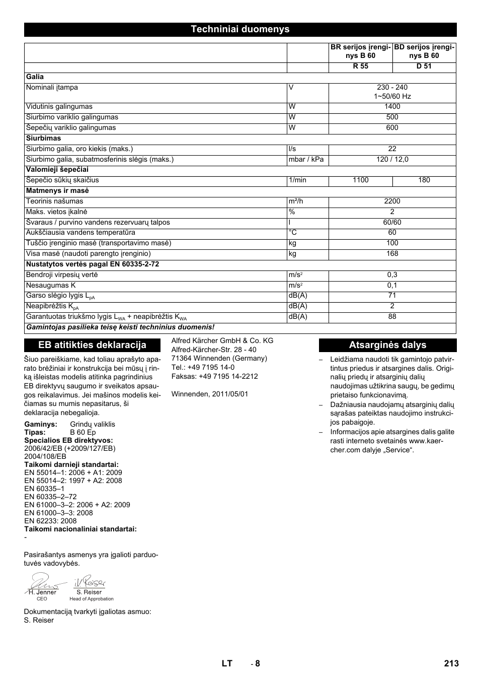 Techniniai duomenys, Eb atitikties deklaracija, Atsarginės dalys | Karcher B 60 W User Manual | Page 213 / 228