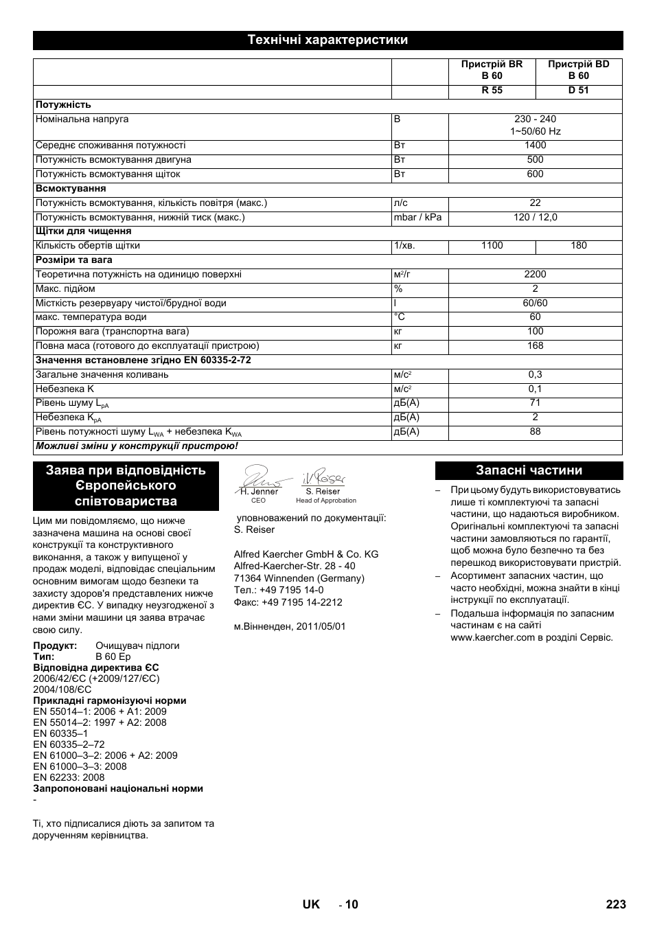 Технічні характеристики, Запасні частини | Karcher B 60 W User Manual | Page 223 / 228