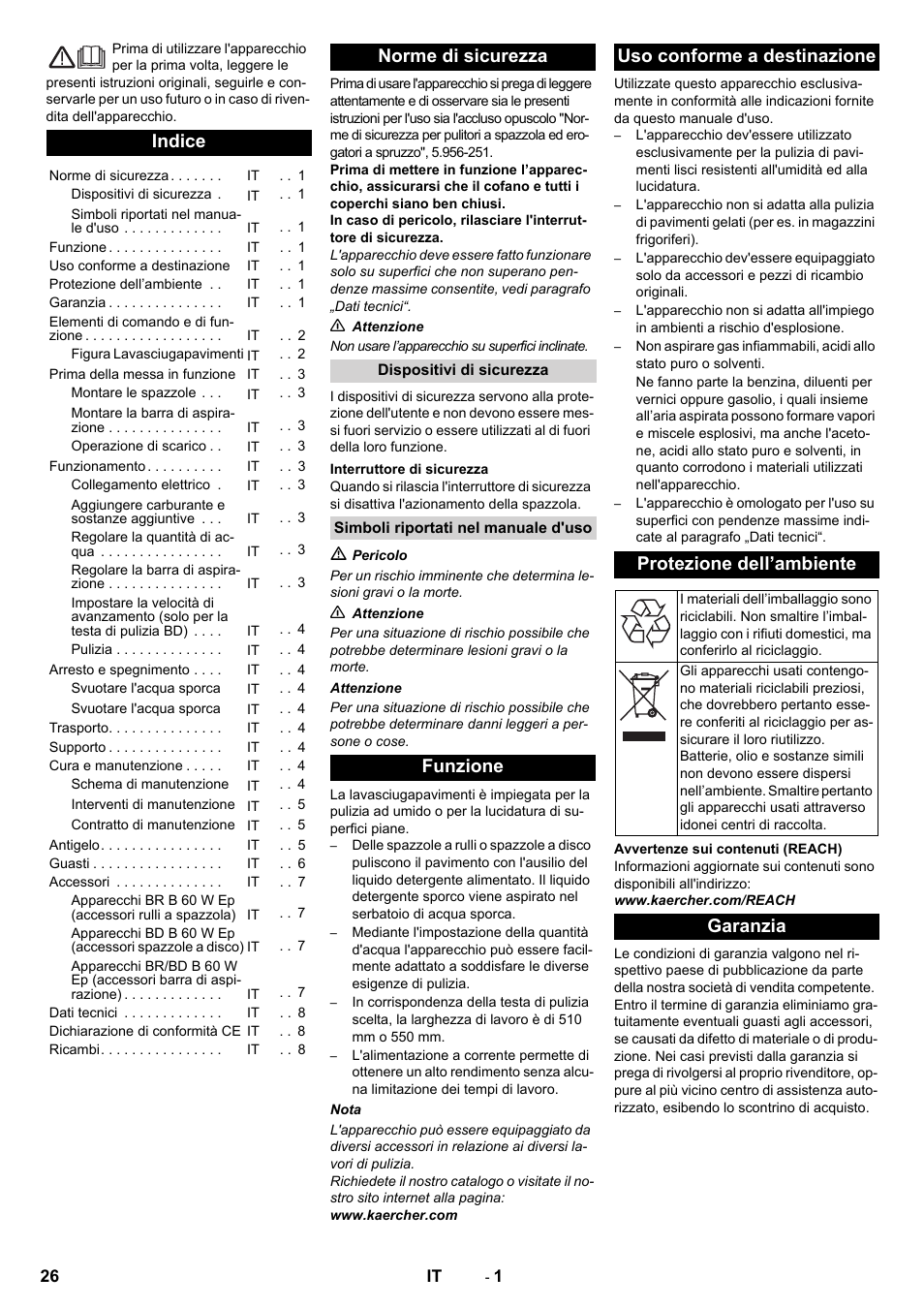 Italiano, Indice, Norme di sicurezza | Garanzia | Karcher B 60 W User Manual | Page 26 / 228