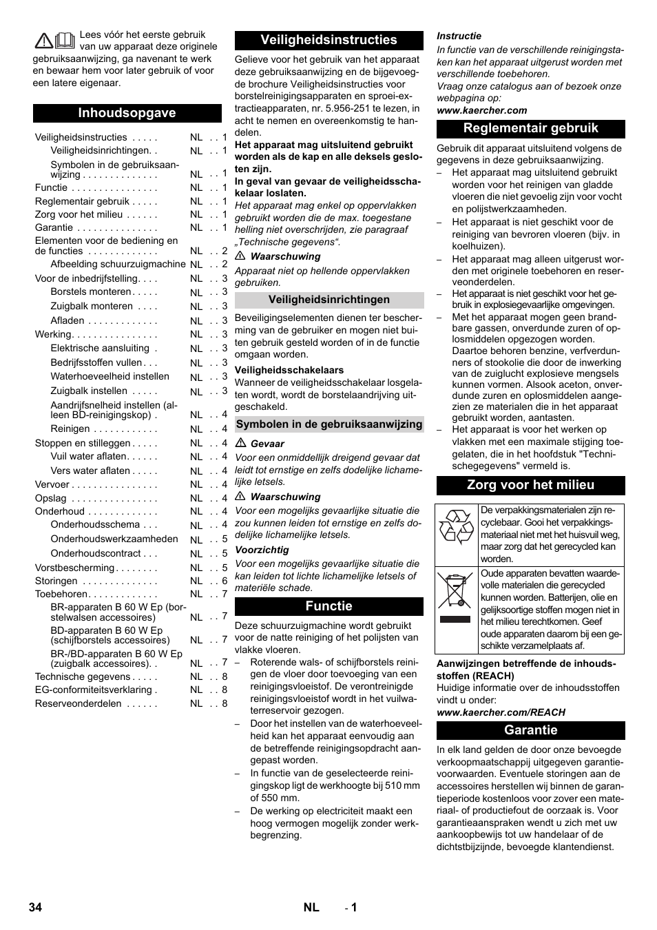 Nederlands, Inhoudsopgave, Veiligheidsinstructies | Functie reglementair gebruik zorg voor het milieu, Garantie | Karcher B 60 W User Manual | Page 34 / 228