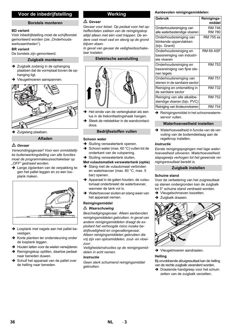 Voor de inbedrijfstelling, Werking | Karcher B 60 W User Manual | Page 36 / 228