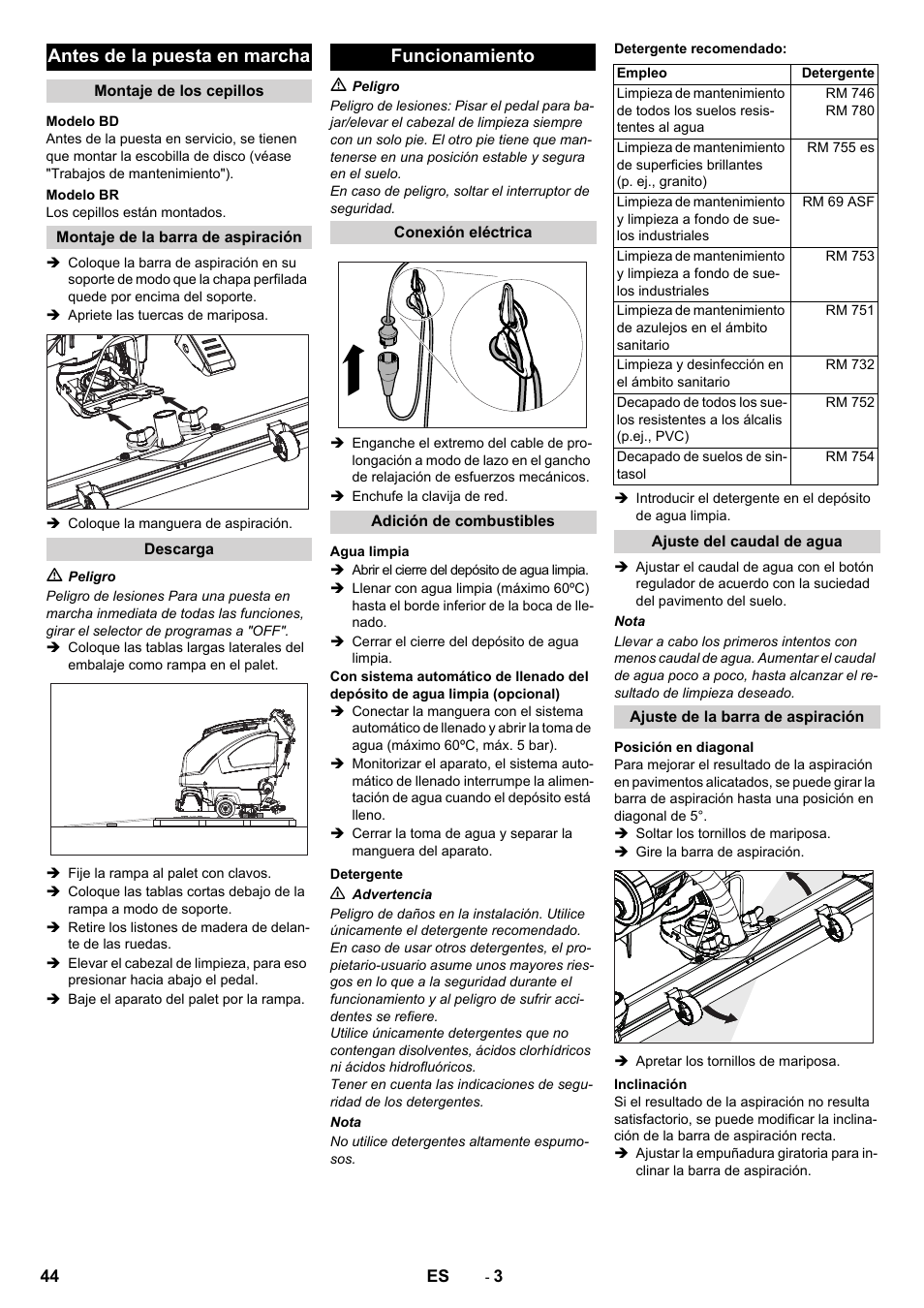 Antes de la puesta en marcha, Funcionamiento | Karcher B 60 W User Manual | Page 44 / 228