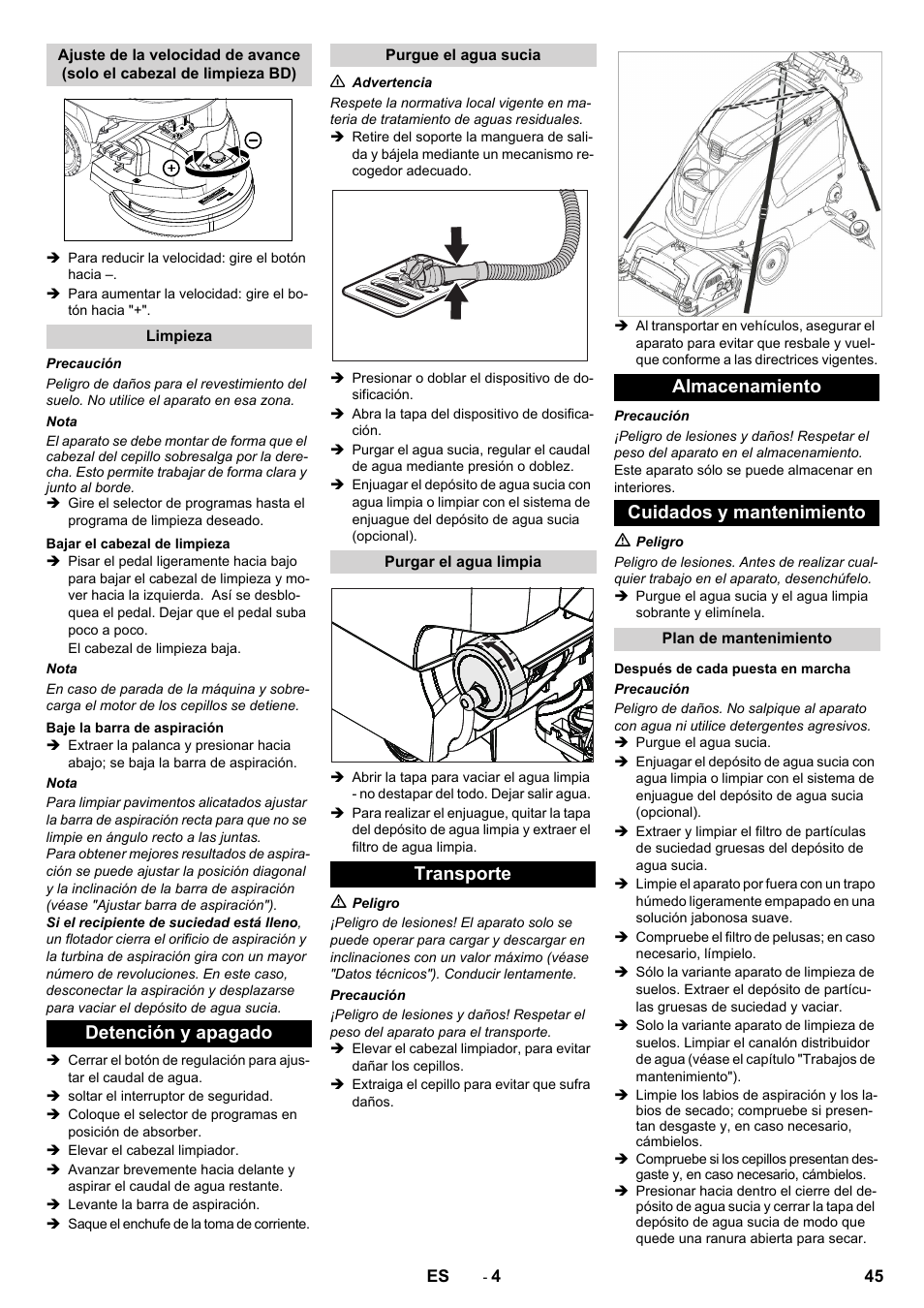 Detención y apagado, Transporte almacenamiento cuidados y mantenimiento | Karcher B 60 W User Manual | Page 45 / 228