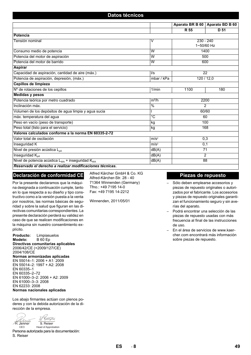 Datos técnicos, Declaración de conformidad ce, Piezas de repuesto | Karcher B 60 W User Manual | Page 49 / 228