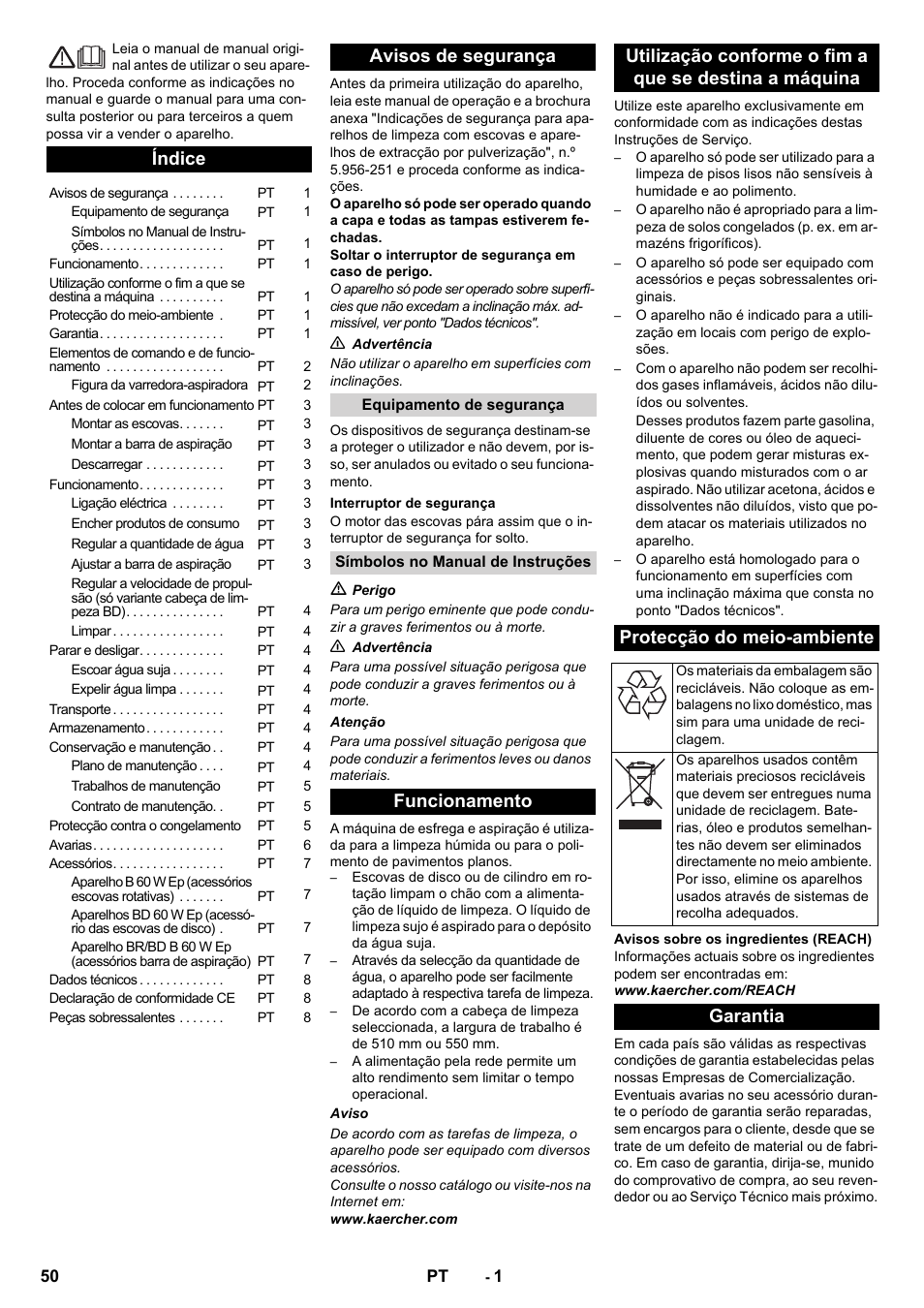 Português, Índice, Avisos de segurança | Garantia | Karcher B 60 W User Manual | Page 50 / 228