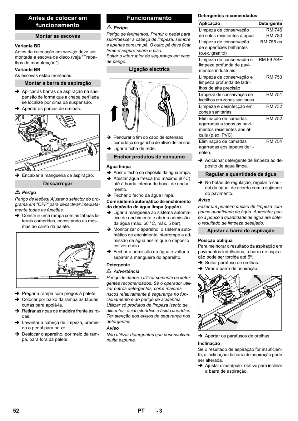 Antes de colocar em funcionamento, Funcionamento | Karcher B 60 W User Manual | Page 52 / 228