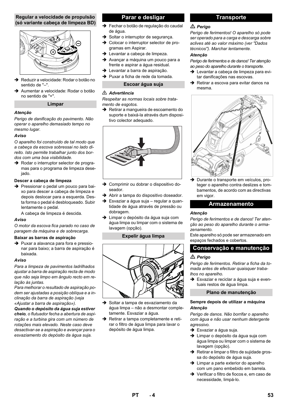 Parar e desligar, Transporte armazenamento conservação e manutenção | Karcher B 60 W User Manual | Page 53 / 228