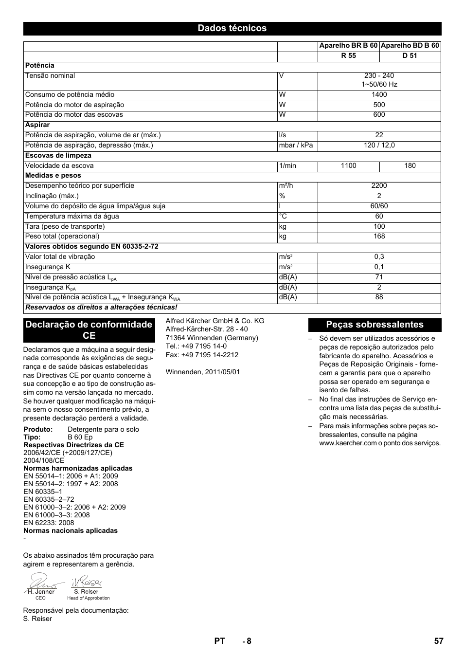 Dados técnicos, Declaração de conformidade ce, Peças sobressalentes | Karcher B 60 W User Manual | Page 57 / 228