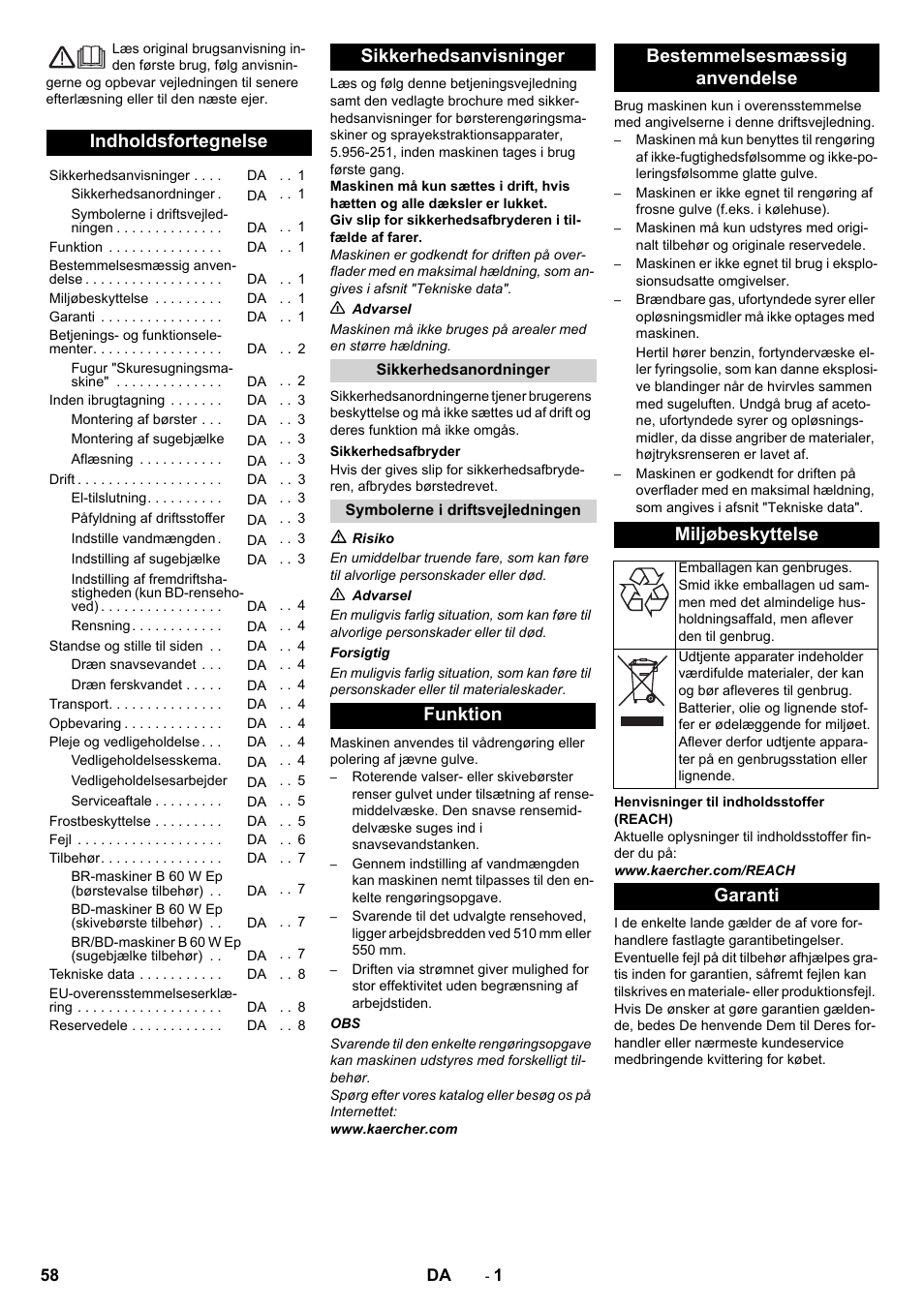 Dansk, Indholdsfortegnelse, Sikkerhedsanvisninger | Garanti | Karcher B 60 W User Manual | Page 58 / 228