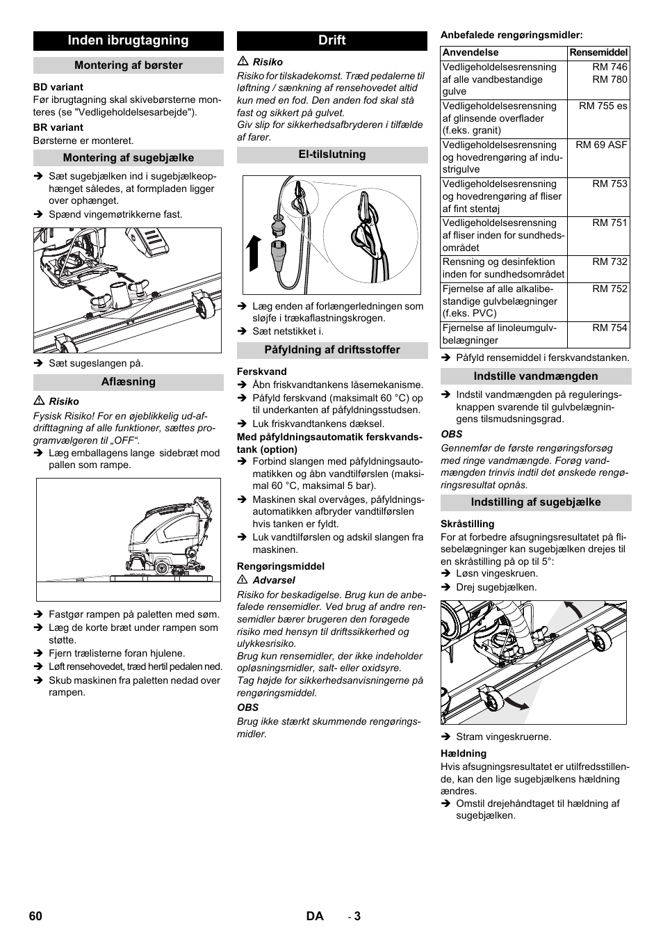 Inden ibrugtagning, Drift | Karcher B 60 W User Manual | Page 60 / 228