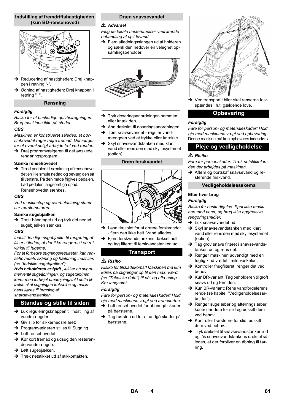 Standse og stille til siden, Transport opbevaring pleje og vedligeholdelse | Karcher B 60 W User Manual | Page 61 / 228