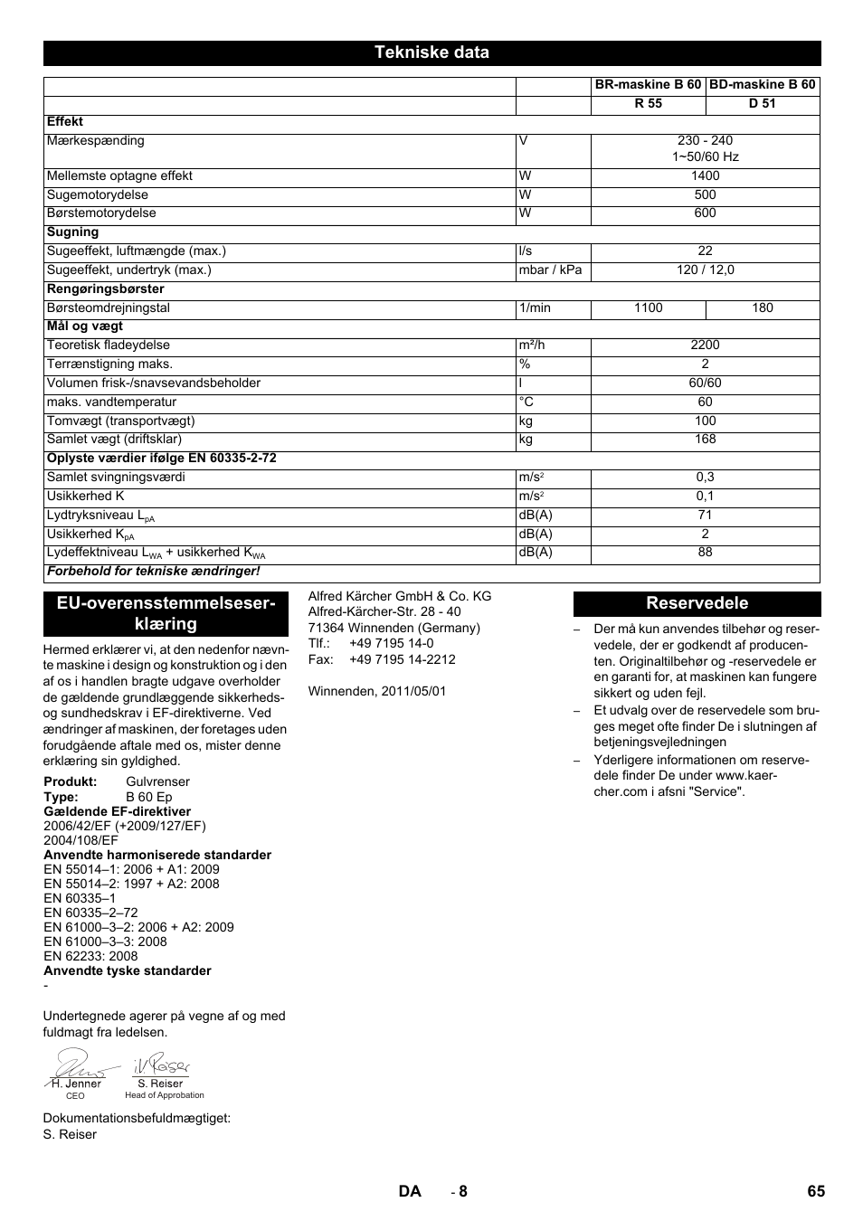 Tekniske data, Eu-overensstemmelseser- klæring, Reservedele | Karcher B 60 W User Manual | Page 65 / 228