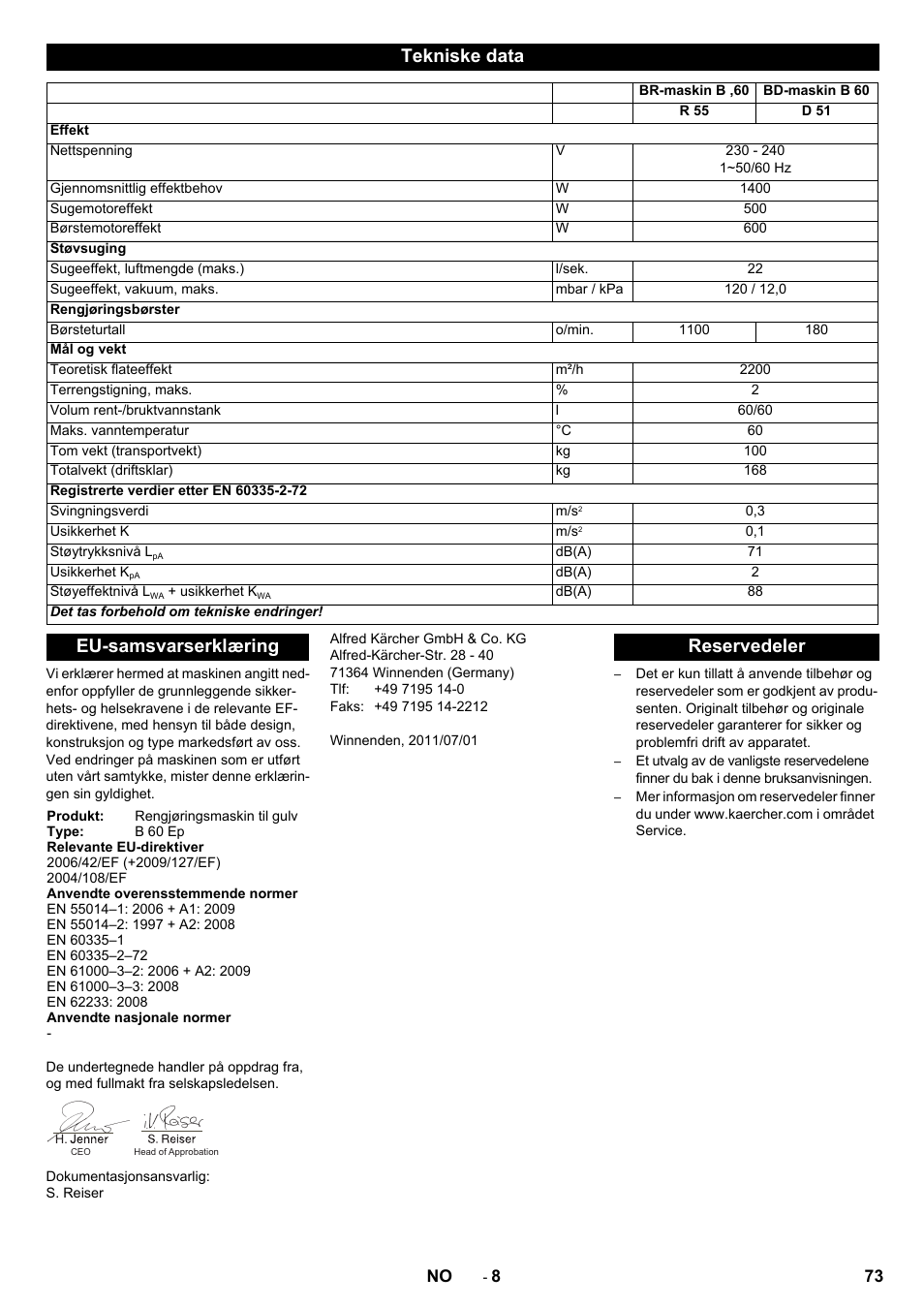 Tekniske data, Eu-samsvarserklæring, Reservedeler | Karcher B 60 W User Manual | Page 73 / 228