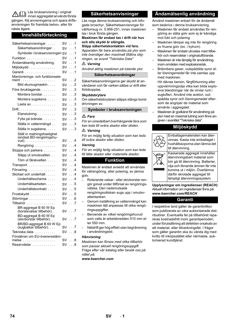 Svenska, Innehållsförteckning, Säkerhetsanvisningar | Funktion ändamålsenlig användning miljöskydd, Garanti | Karcher B 60 W User Manual | Page 74 / 228