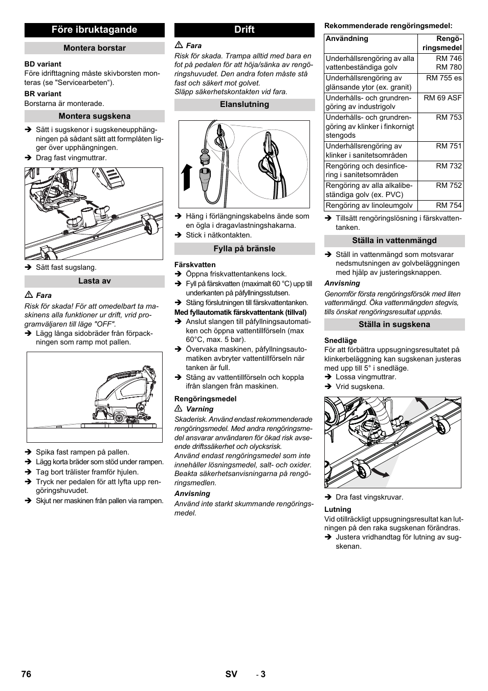 Före ibruktagande, Drift | Karcher B 60 W User Manual | Page 76 / 228