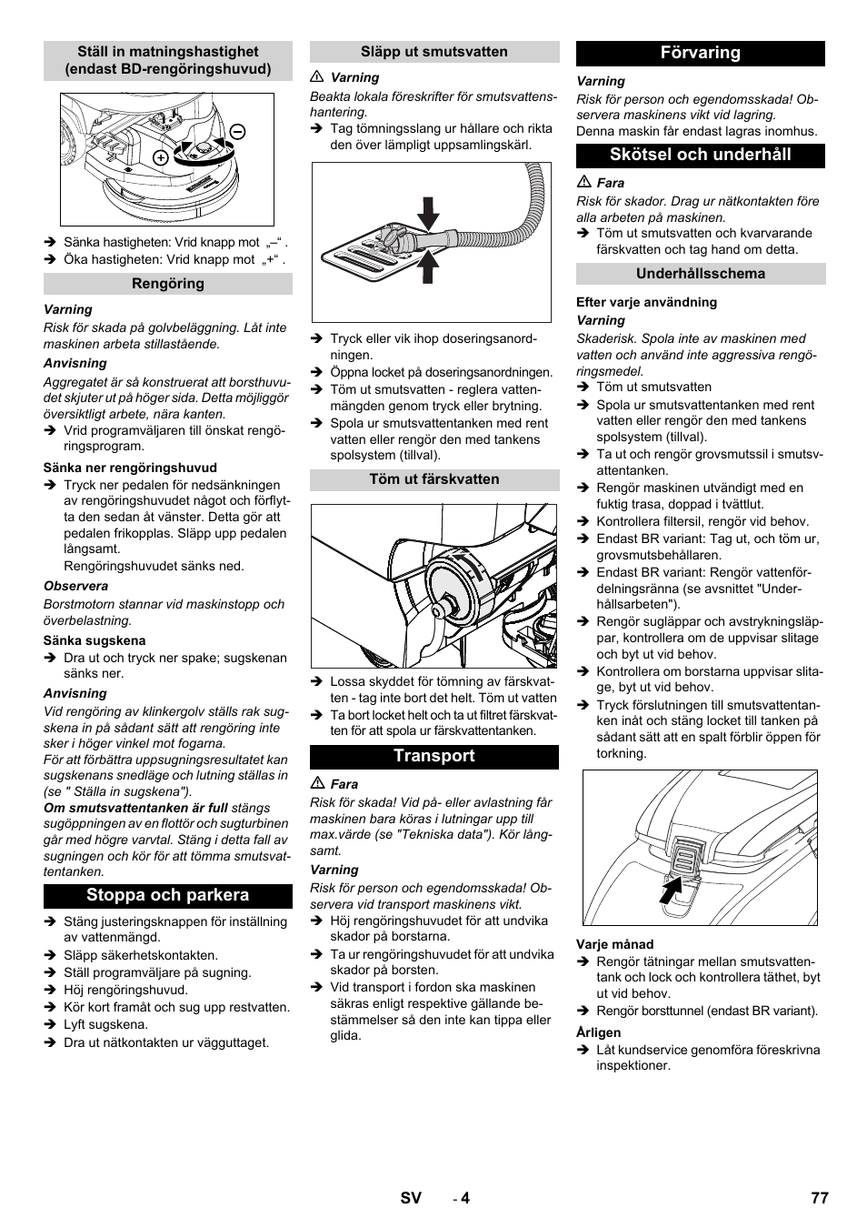 Stoppa och parkera, Transport förvaring skötsel och underhåll | Karcher B 60 W User Manual | Page 77 / 228