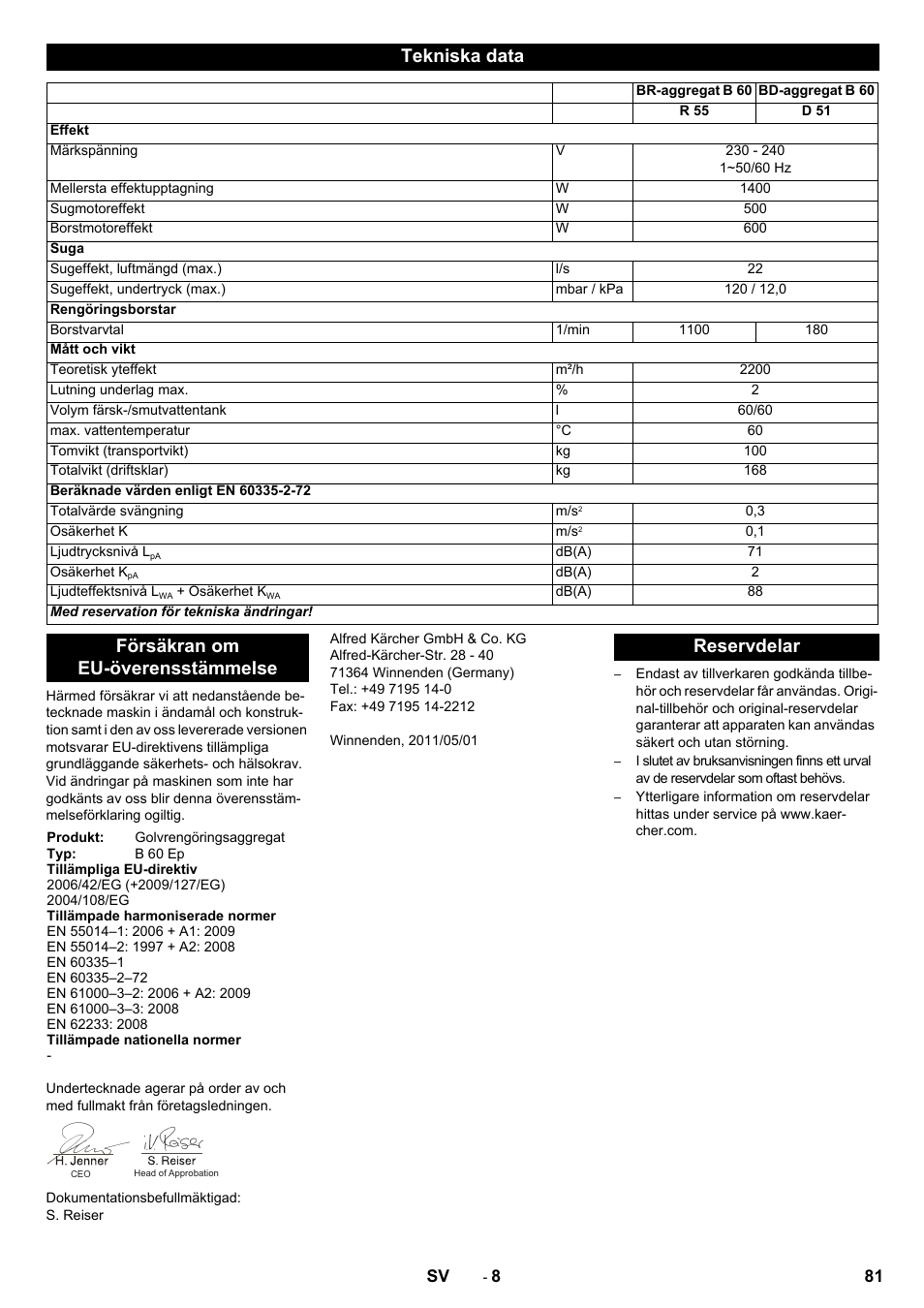 Tekniska data, Försäkran om eu-överensstämmelse, Reservdelar | Karcher B 60 W User Manual | Page 81 / 228
