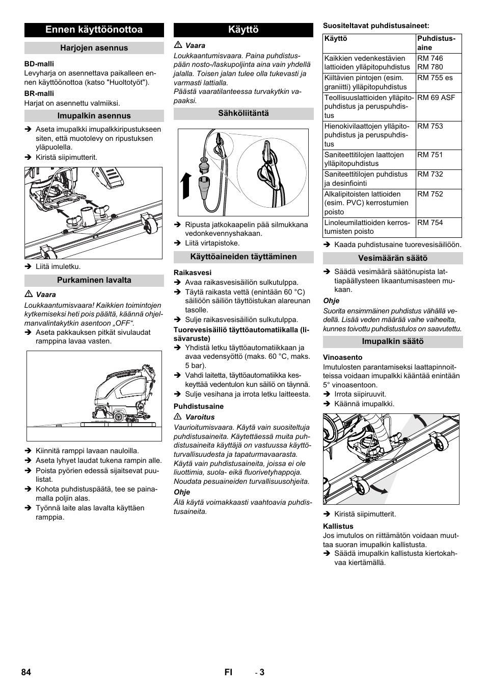 Ennen käyttöönottoa, Käyttö | Karcher B 60 W User Manual | Page 84 / 228