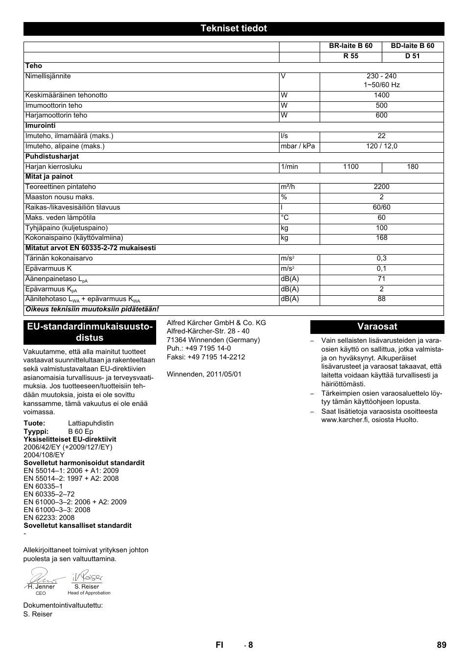 Tekniset tiedot, Eu-standardinmukaisuusto- distus, Varaosat | Karcher B 60 W User Manual | Page 89 / 228