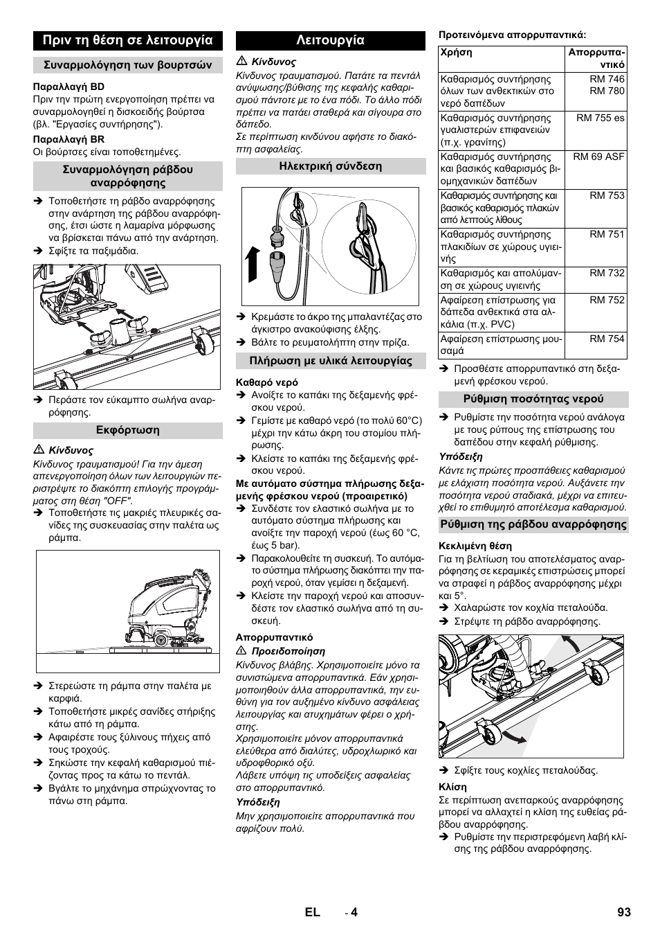 Πριν τη θέση σε λειτουργία, Λειτουργία | Karcher B 60 W User Manual | Page 93 / 228