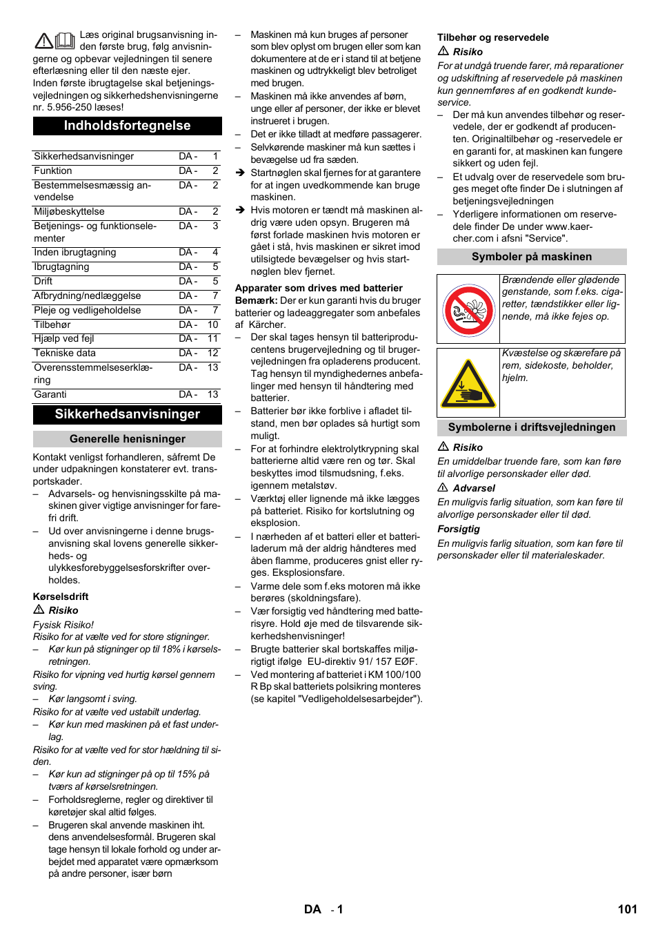 Indholdsfortegnelse, Sikkerhedsanvisninger | Karcher KM 100-100 R Bp Pack User Manual | Page 101 / 230