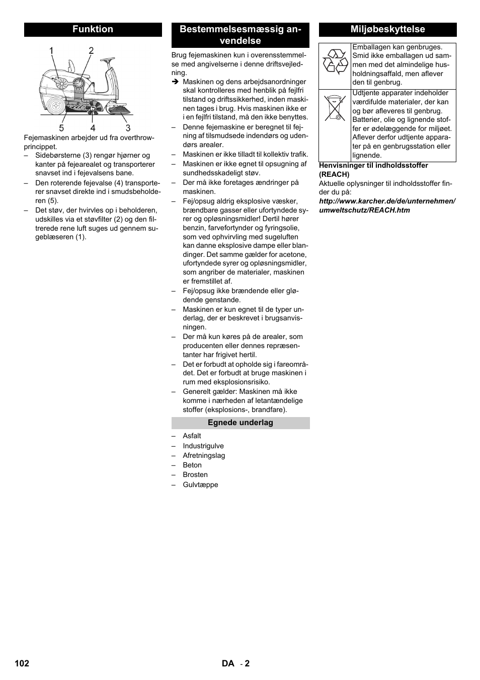 Funktion bestemmelsesmæssig an- vendelse, Miljøbeskyttelse | Karcher KM 100-100 R Bp Pack User Manual | Page 102 / 230
