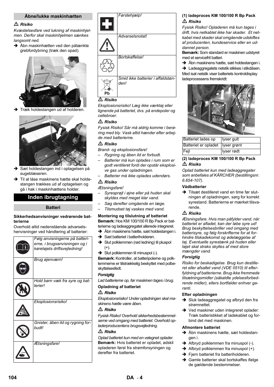 Inden ibrugtagning | Karcher KM 100-100 R Bp Pack User Manual | Page 104 / 230