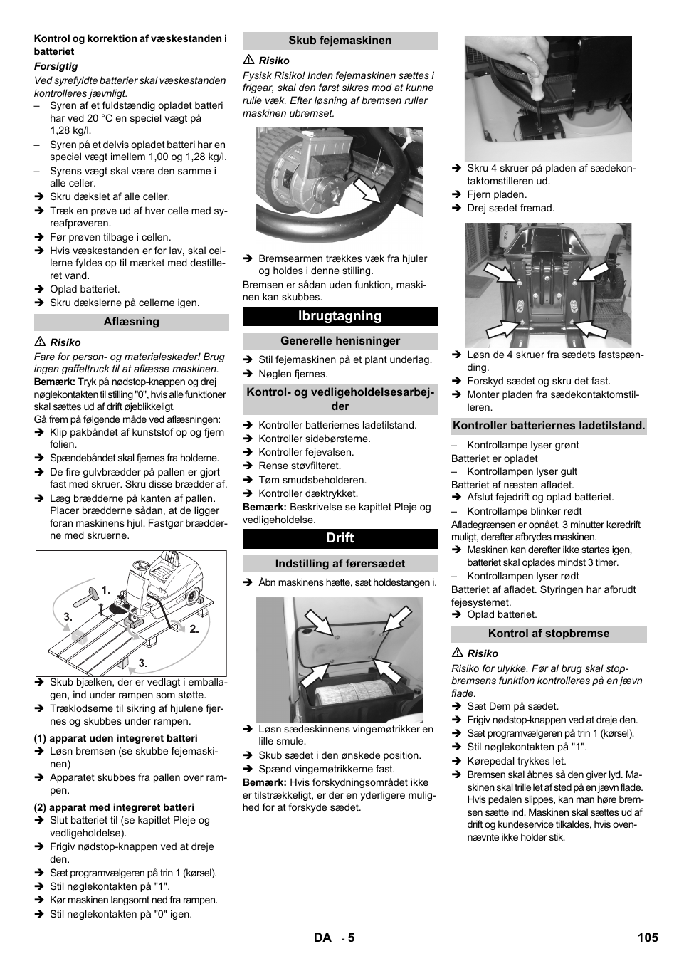 Ibrugtagning, Drift | Karcher KM 100-100 R Bp Pack User Manual | Page 105 / 230