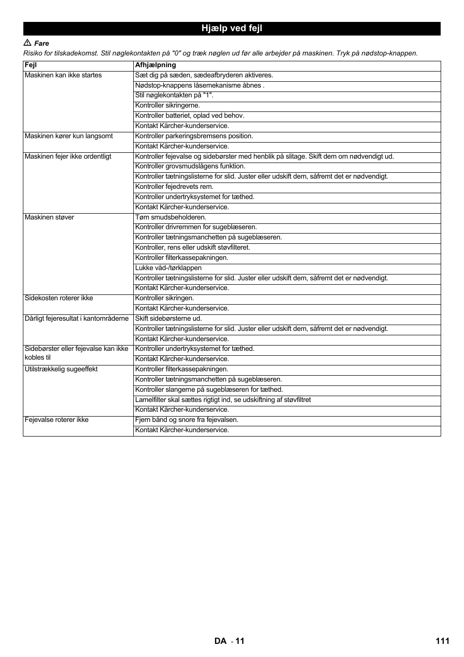 Hjælp ved fejl | Karcher KM 100-100 R Bp Pack User Manual | Page 111 / 230