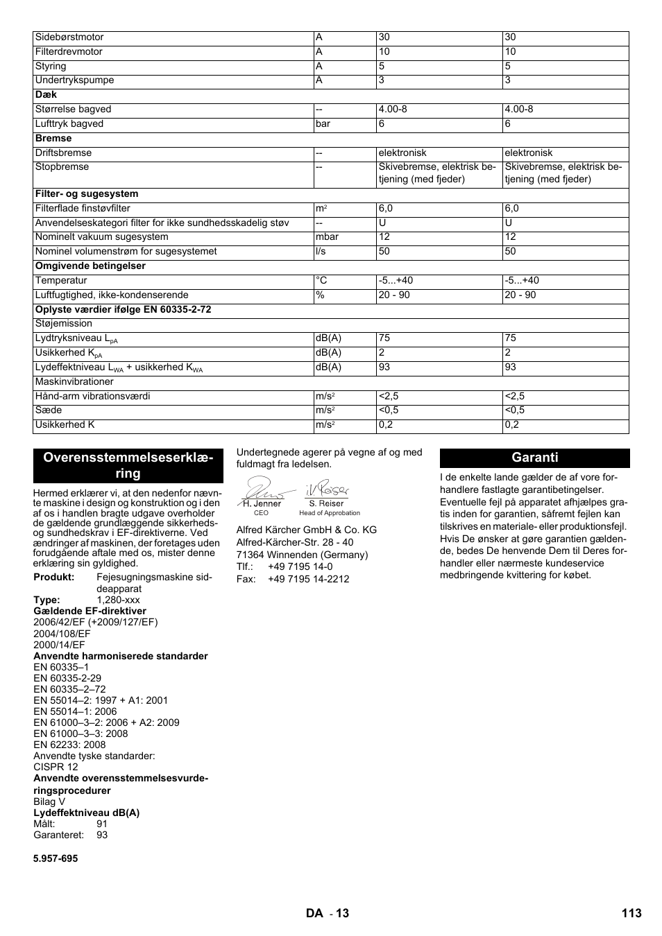 Overensstemmelseserklæ- ring, Garanti | Karcher KM 100-100 R Bp Pack User Manual | Page 113 / 230